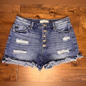 KanCan Blue Distressed Jean Shorts with Frayed Hem size large NWOT